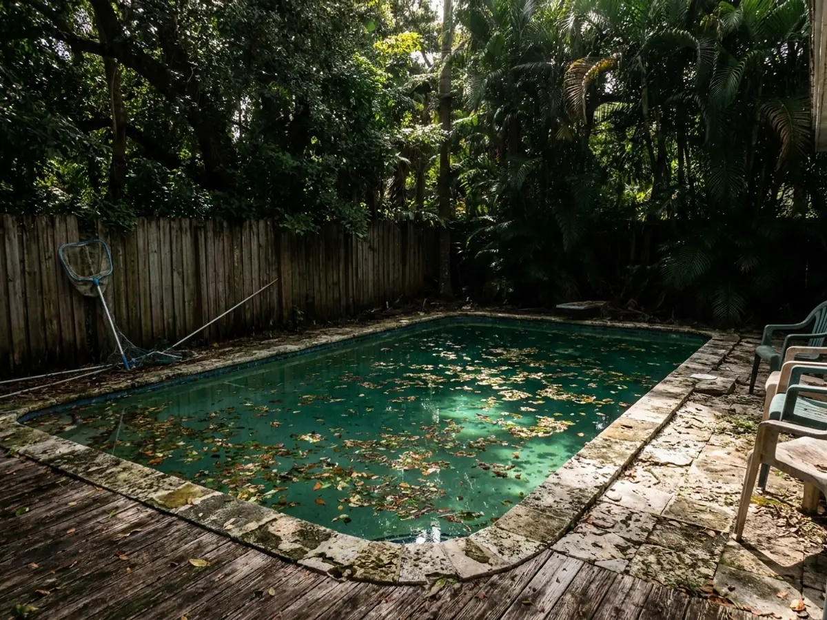 Una piscina pequeña y vieja en Coconut Grove encerrada por vegetación tropical densa, con hojas sobre el agua