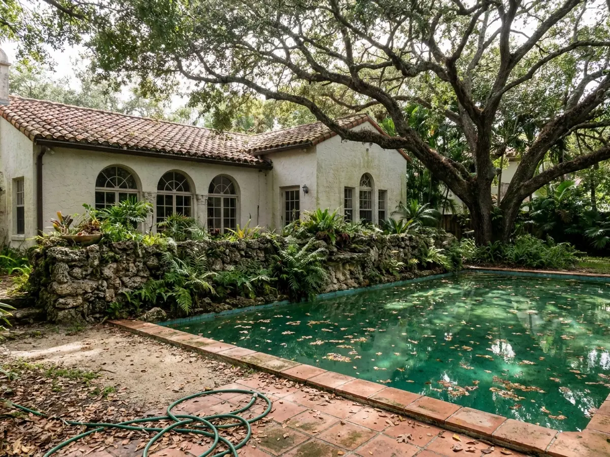 Una piscina detrás de una casa de estilo mediterráneo en Coral Gables, bajo la sombra de un roble grande