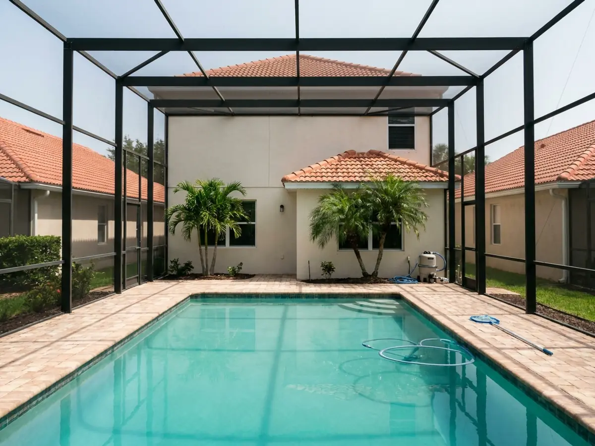 Una piscina bajo una jaula de malla alta y nueva detrás de una casa reconstruida en Cutler Bay