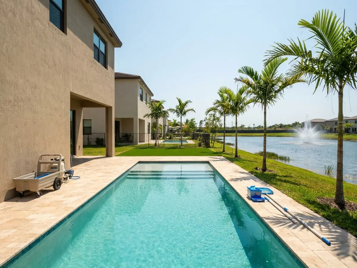 Una piscina detrás de una casa nueva en Doral que da a un lago de retención con fuente
