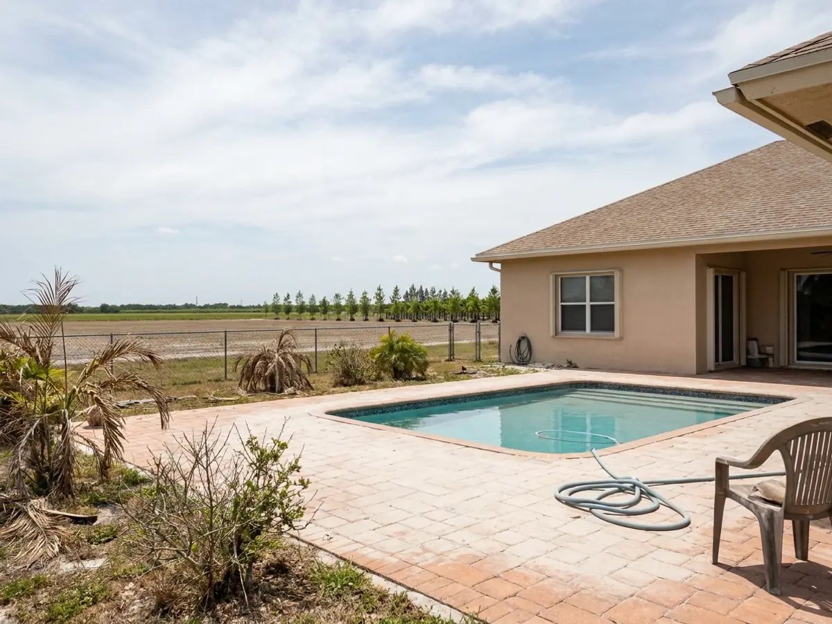 Una piscina detrás de una casa nueva de estuco en el borde plano y abierto del campo en Homestead