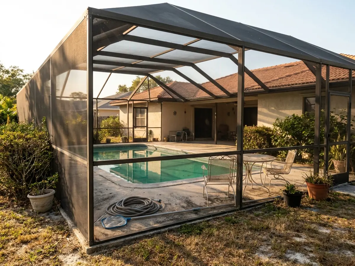 Una piscina bajo una jaula de malla grande detrás de una casa ranchera de los ochenta en Kendall