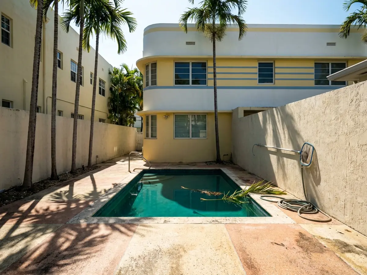Una piscina pequeña de patio interior detrás de un edificio art déco de Miami Beach, con palmas reales