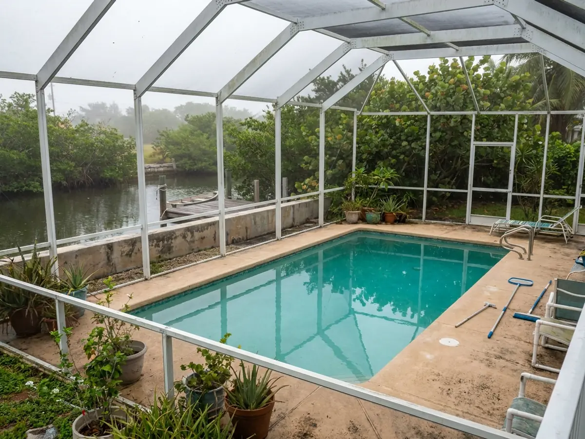Una jaula de malla sobre una piscina en Palmetto Bay que da a un canal y a su muro