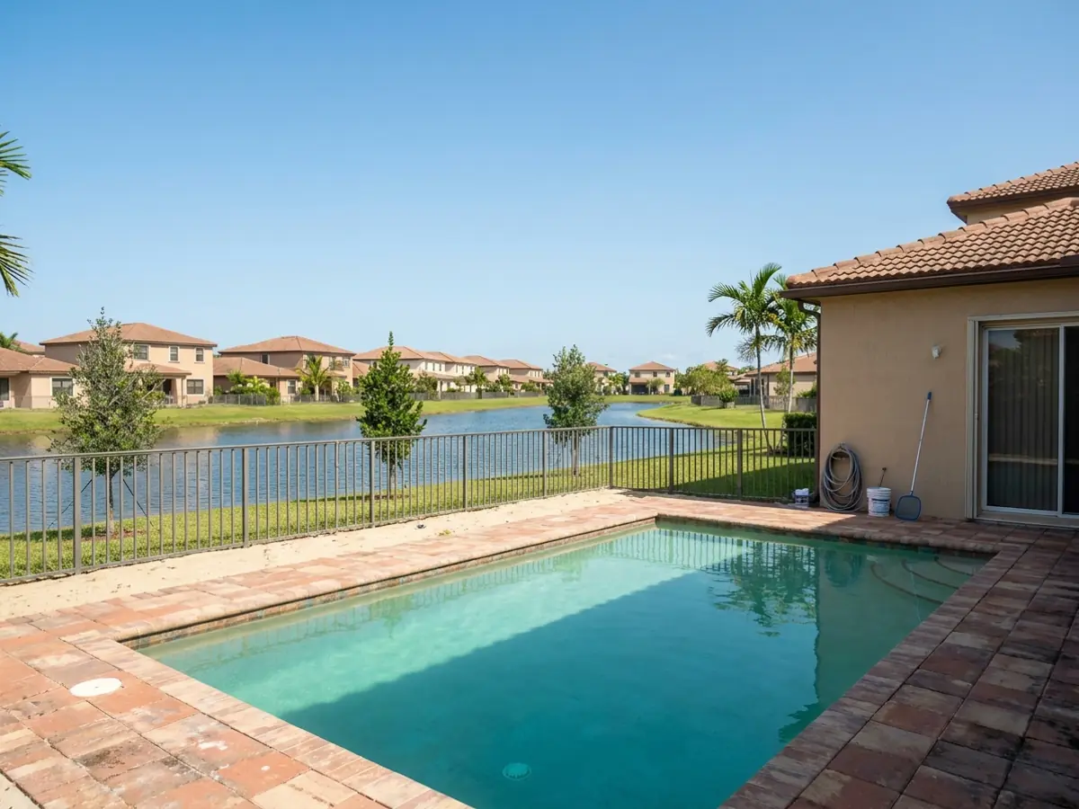Una piscina detrás de una villa en The Hammocks que da a un lago de la comunidad