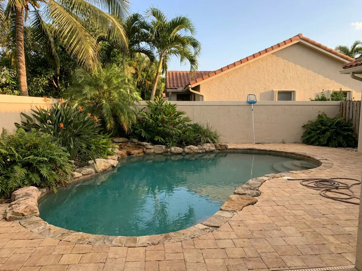 Una piscina de patio en forma de riñón rodeada de palmas