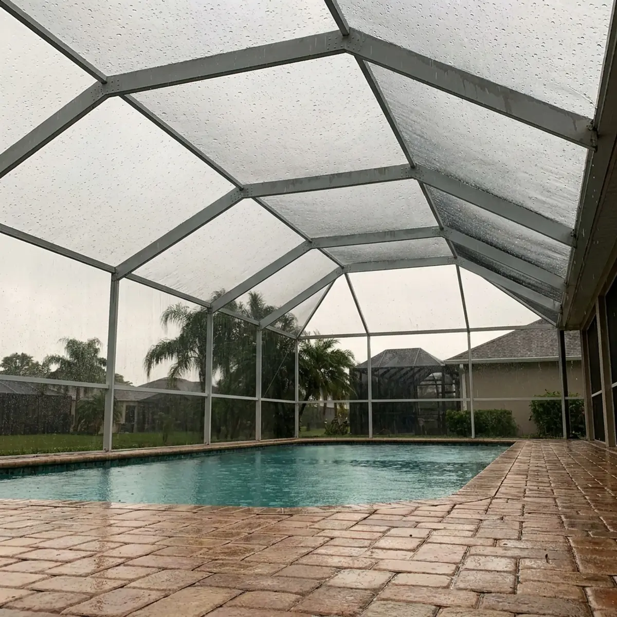 Lluvia cayendo sobre el techo de malla de una piscina en el sur de la Florida