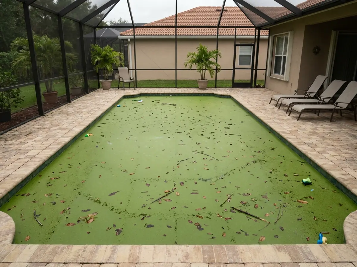 Una piscina de patio con techo de malla, verde y opaca por el alga, con hojas flotando en la superficie