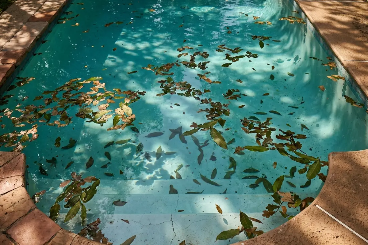 Hojas caídas flotando en la superficie de una piscina