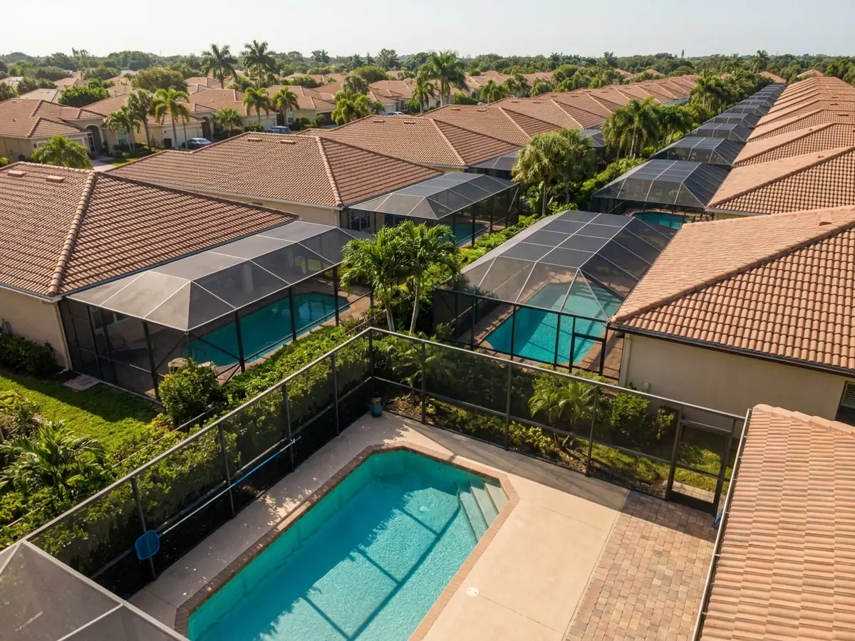 Techos de malla sobre las piscinas de los patios de un vecindario de Miami-Dade