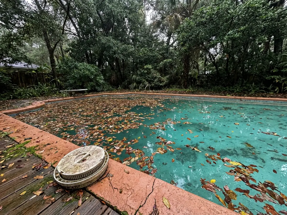 Un limpiador de piscina trabajando entre hojas caídas que flotan a su alrededor