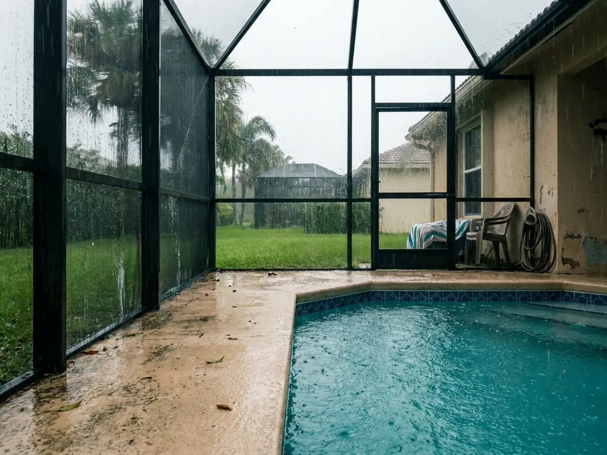 Lluvia cayendo sobre el techo de malla de una piscina en el sur de la Florida en una tarde de verano