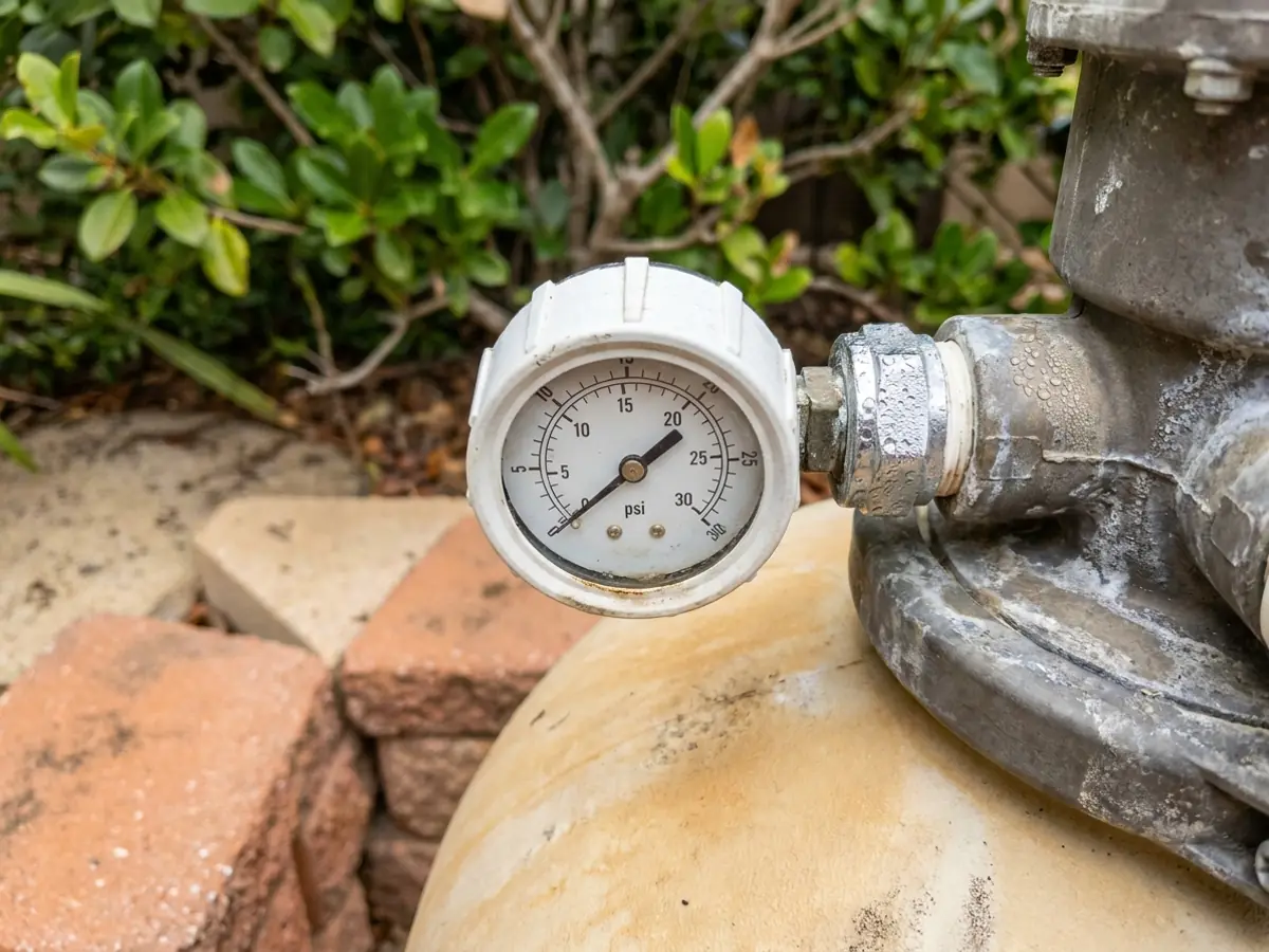 Primer plano del manómetro en la tubería del filtro de una piscina