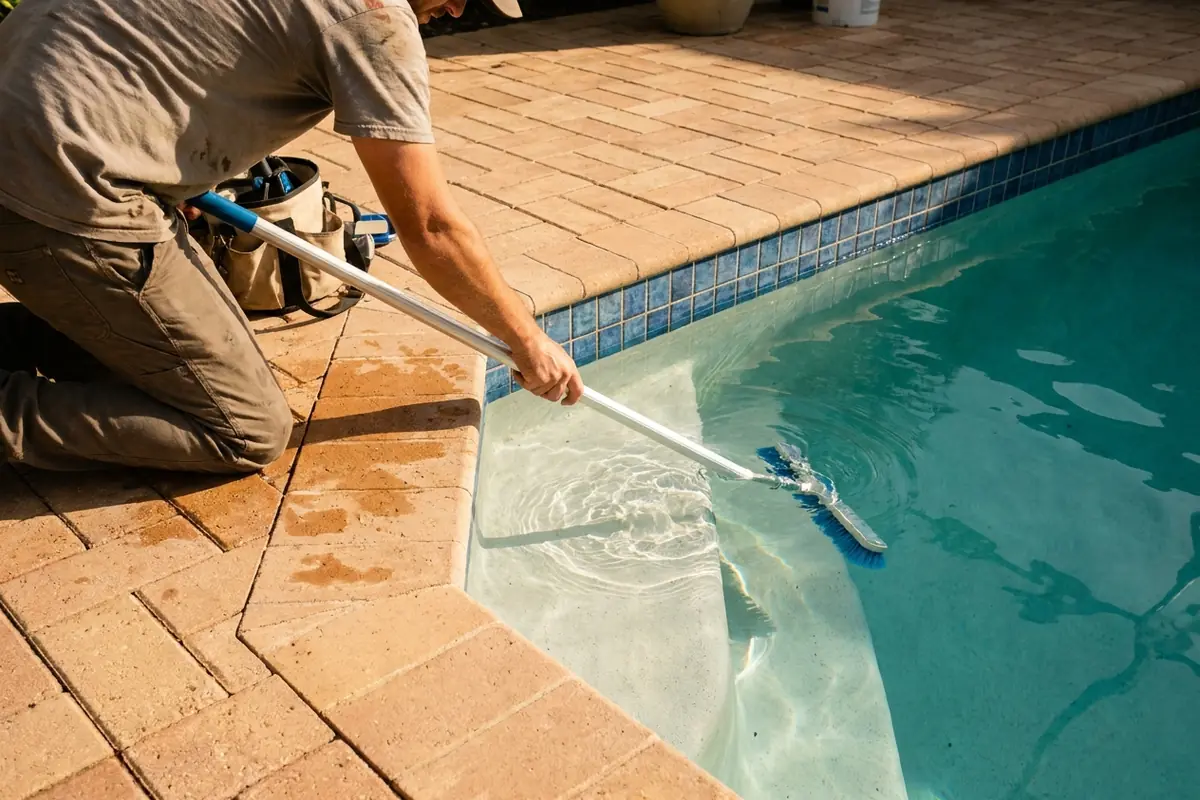 Técnico de piscinas trabajando con la vara sobre la superficie de una piscina al amanecer