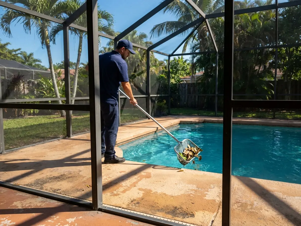 Técnico de piscinas pasando la red por la superficie del agua